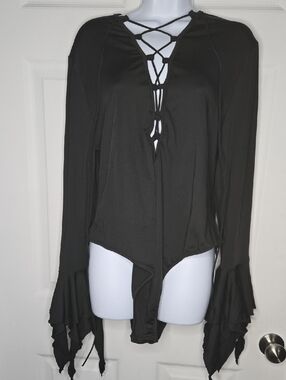 Black Lace-Up Bodysuit Blouse With Poets Cuffs